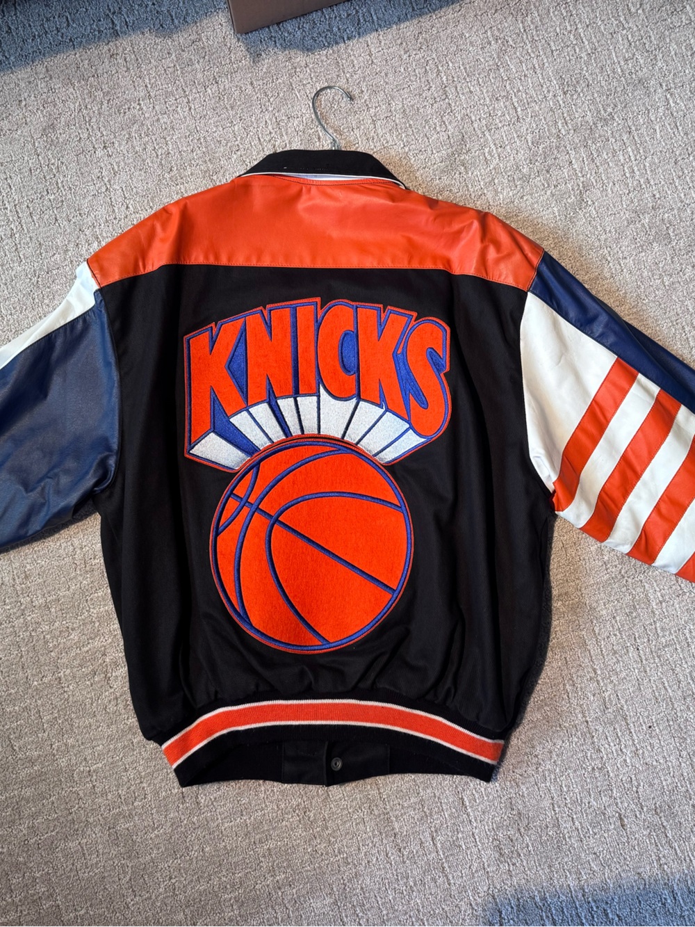 Knicks Colorblock Varsity Bomber Jacket - Black Orange Navy White